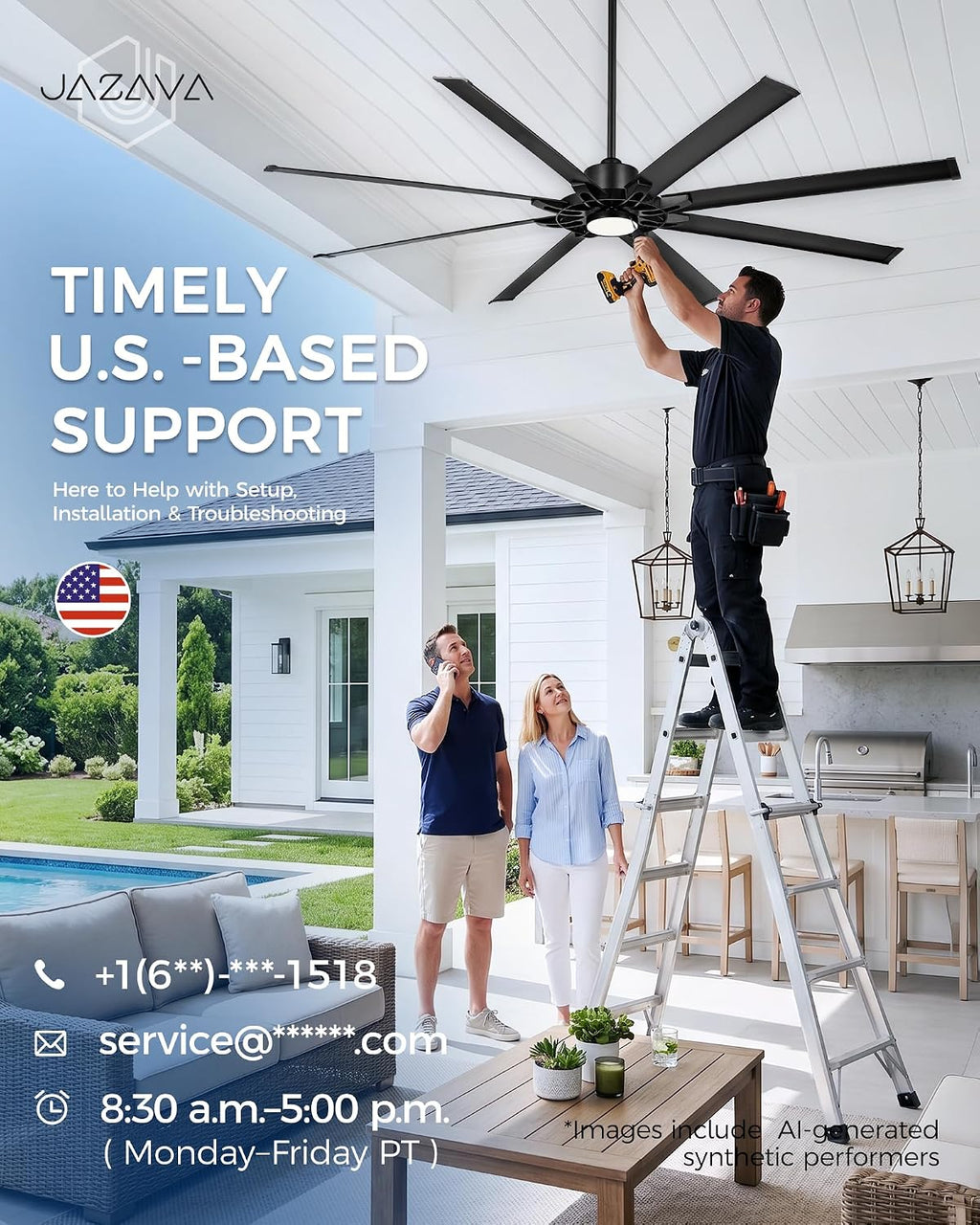 84 Inch Ceiling Fan With Light, Industrial Ceiling Fan With 8 Aluminium Metal Blades, Smart Fan Compatible with Alexa, Garage Indoor Fan For Living Room and Patio, ZCCF05ABK-84