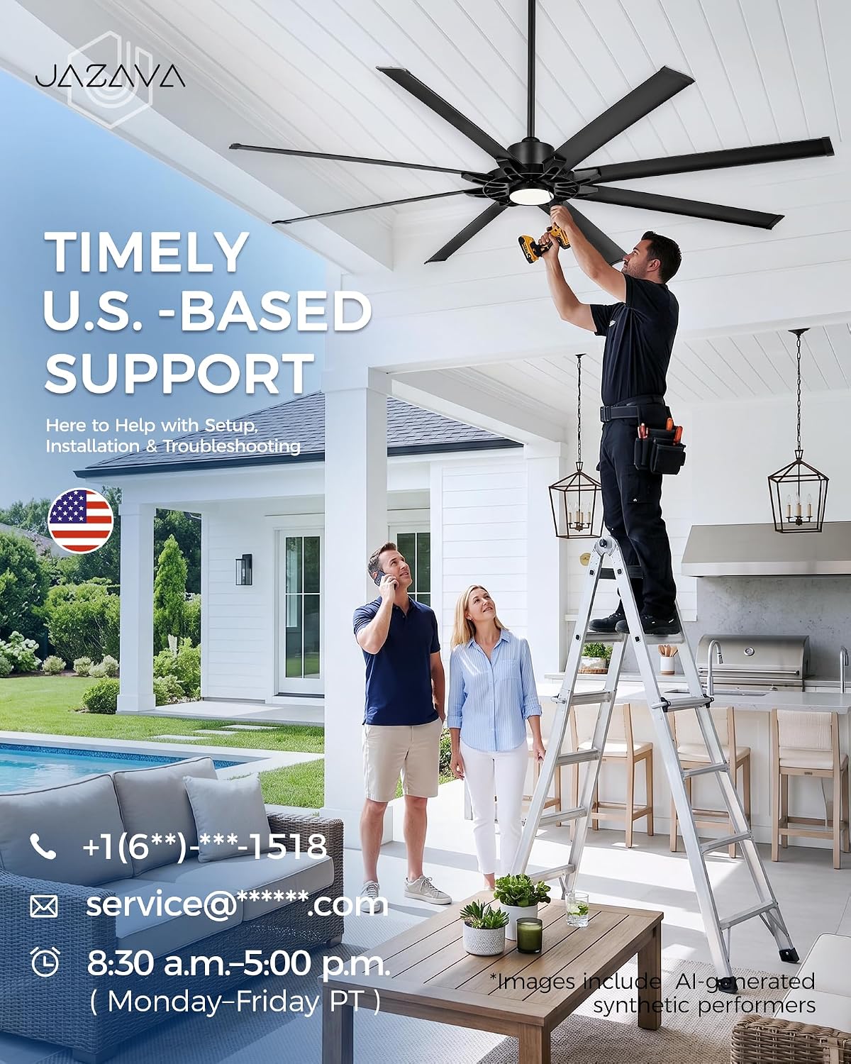 84 Inch Ceiling Fan With Light, Industrial Ceiling Fan With 8 Aluminium Metal Blades, Smart Fan Compatible with Alexa, Garage Indoor Fan For Living Room and Patio, ZCCF05ABK-84