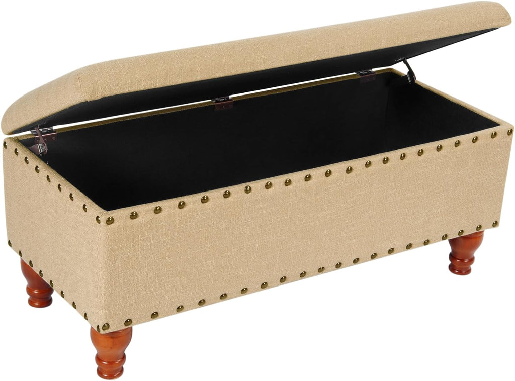 Homepop Home Decor | Upholstered Bench with Nailhead Trim | Large Ottoman with Storage for Living Room & Bedroom | Decorative Home Furniture, Tan Linen