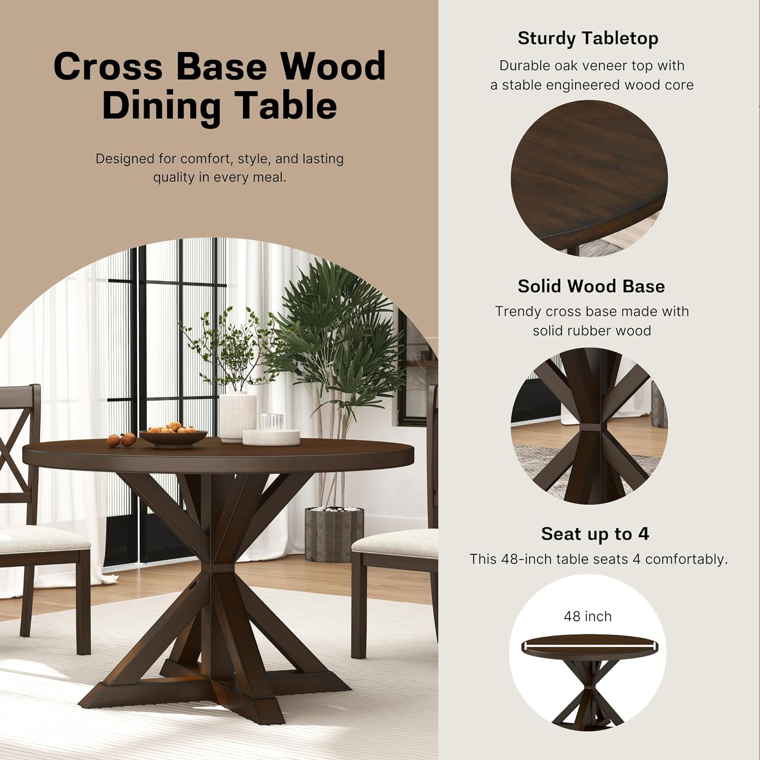 Roundhill Furniture Windvale Cross-Buck Base Dining Table, Espresso