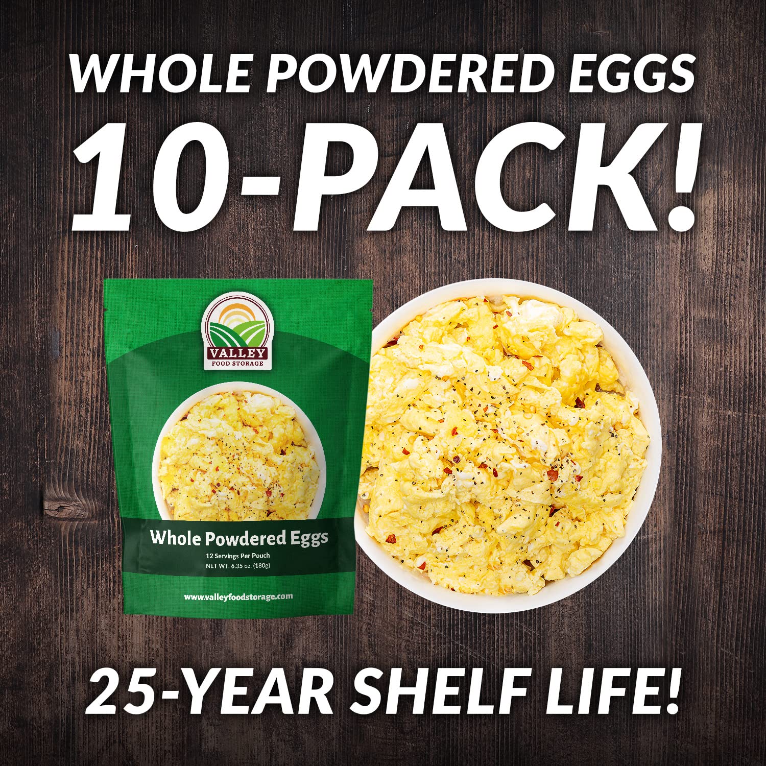 Valley Food Storage Freeze Dried Whole Powdered Eggs | 10-Bag Bucket, 63.5 oz | Premium Emergency Food Supply, 25 Year Shelf Life | Non-GMO Prepper Supplies, Survival Food, Camping & Off-Grid Living