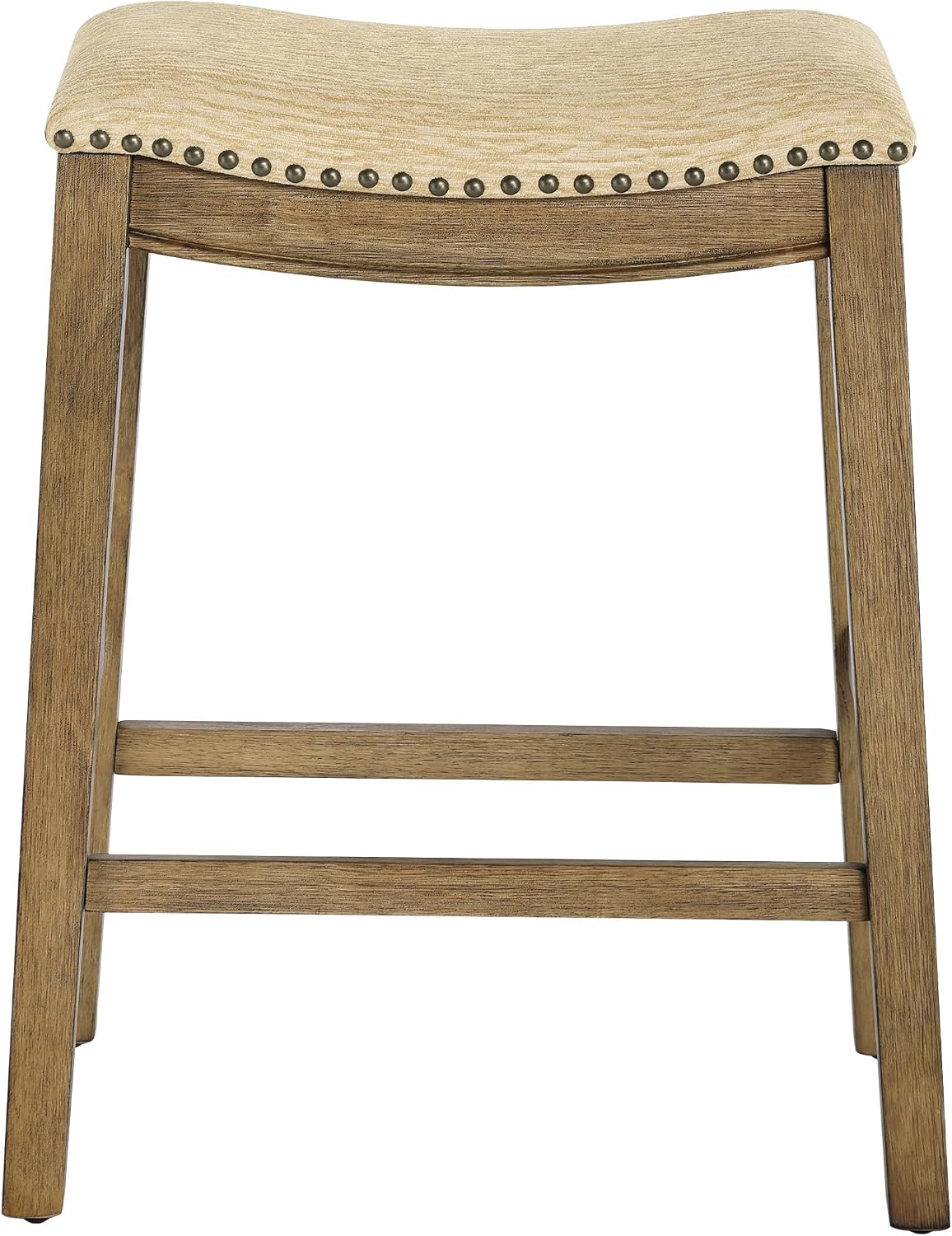 OSP Home Furnishings Metro Farmhouse Saddle Stool with Nailhead Trim, 2-Pack, 24-inch Counter Height, Medium Oak Frame with Camel Fabric