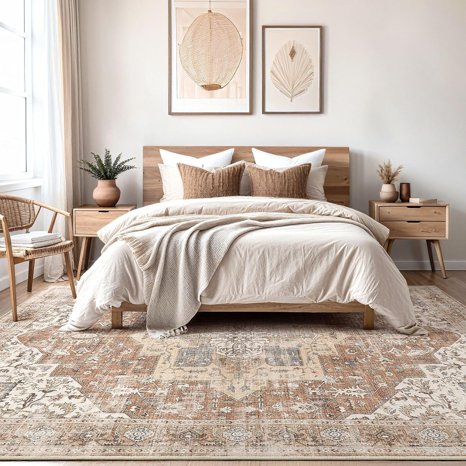 Washable Rug 12x15 Area Rugs: Boho Vintage Distressed Oriental Medallion Neutral Thin Large Rug Carpet for Living Room Bedroom Dining Room Home Office Decor - Brick Red