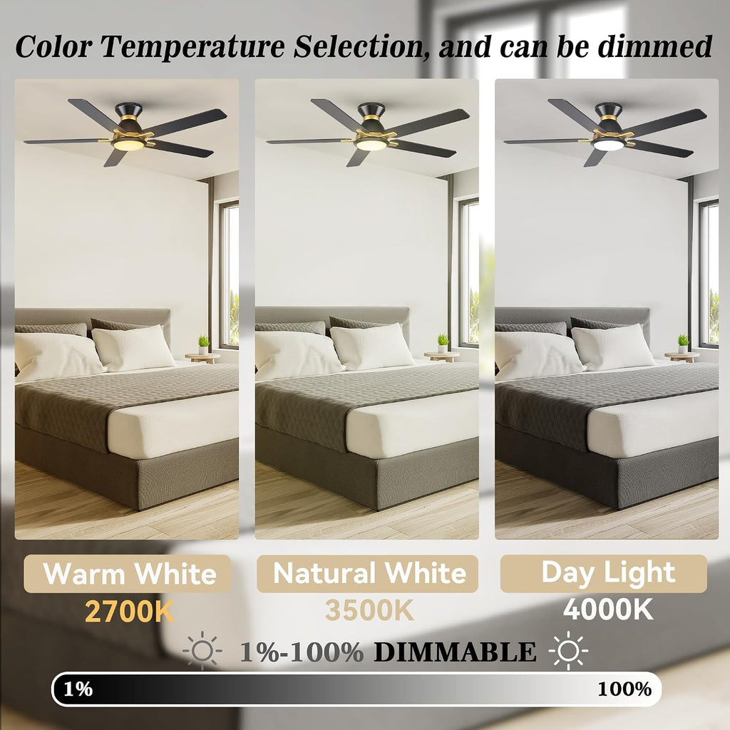 SMAAIR Smart Ceiling Fans with Lights, 52 Inch Low Profile Ceiling Fan with Remote/App/Voice Control via Alexa/Google Assistant/Siri, Flush Mount Modern Ceiling Fans for Bedroom, Reversible,Black/Gold