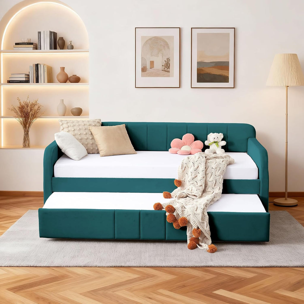 DNYN Twin Size Velvet Daybed Frame with Pop-up Trundle Bed for Bedroom Guest/Living Room, Space-Saving Upholstered Sofabed with USB Port & Side Pocket, No Box Spring Needed