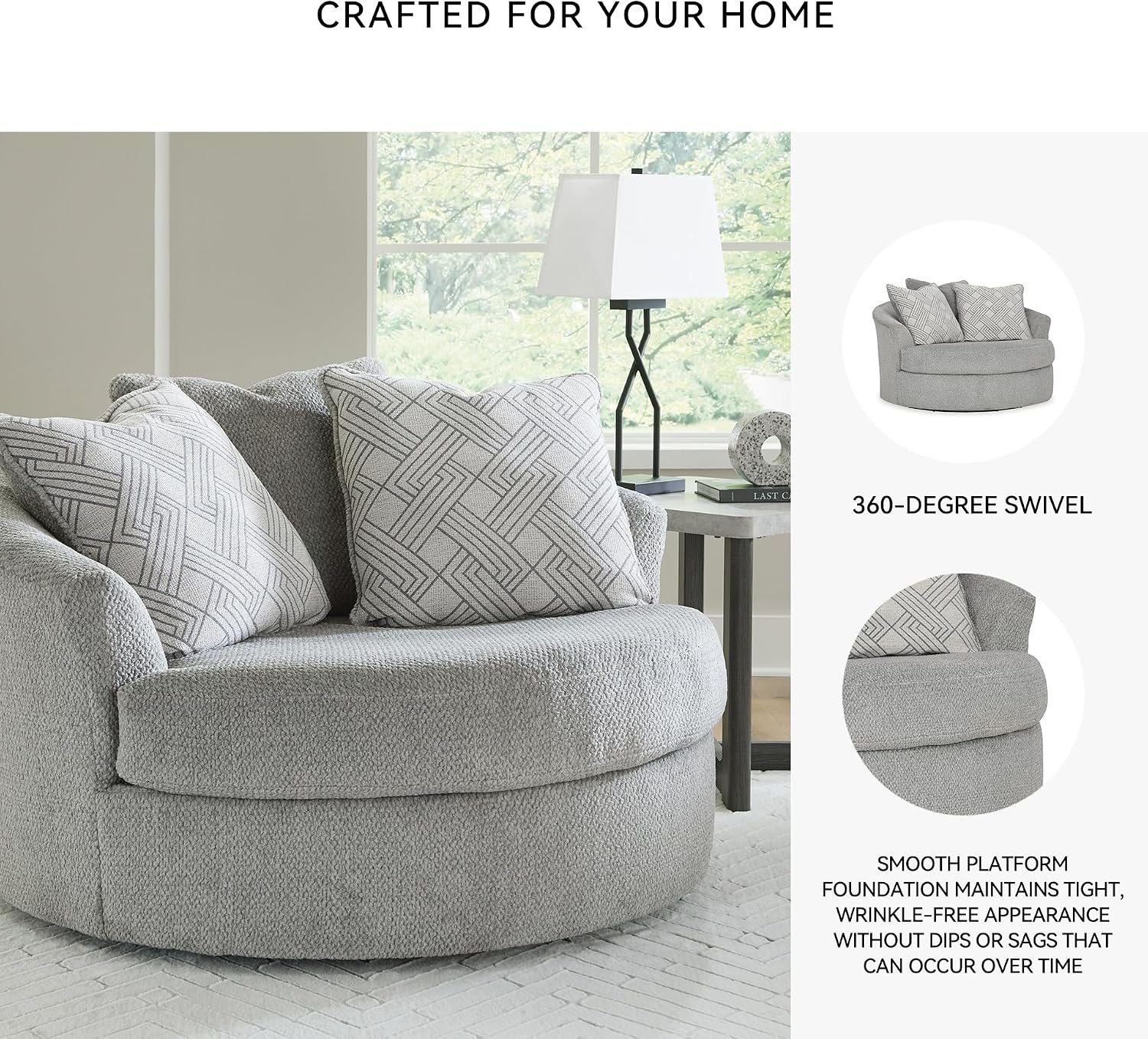 Signature Design by Ashley Casselbury Contemporary Upholstered Oversized Swivel Accent Chair with 3 Throw Pillows, Light Gray
