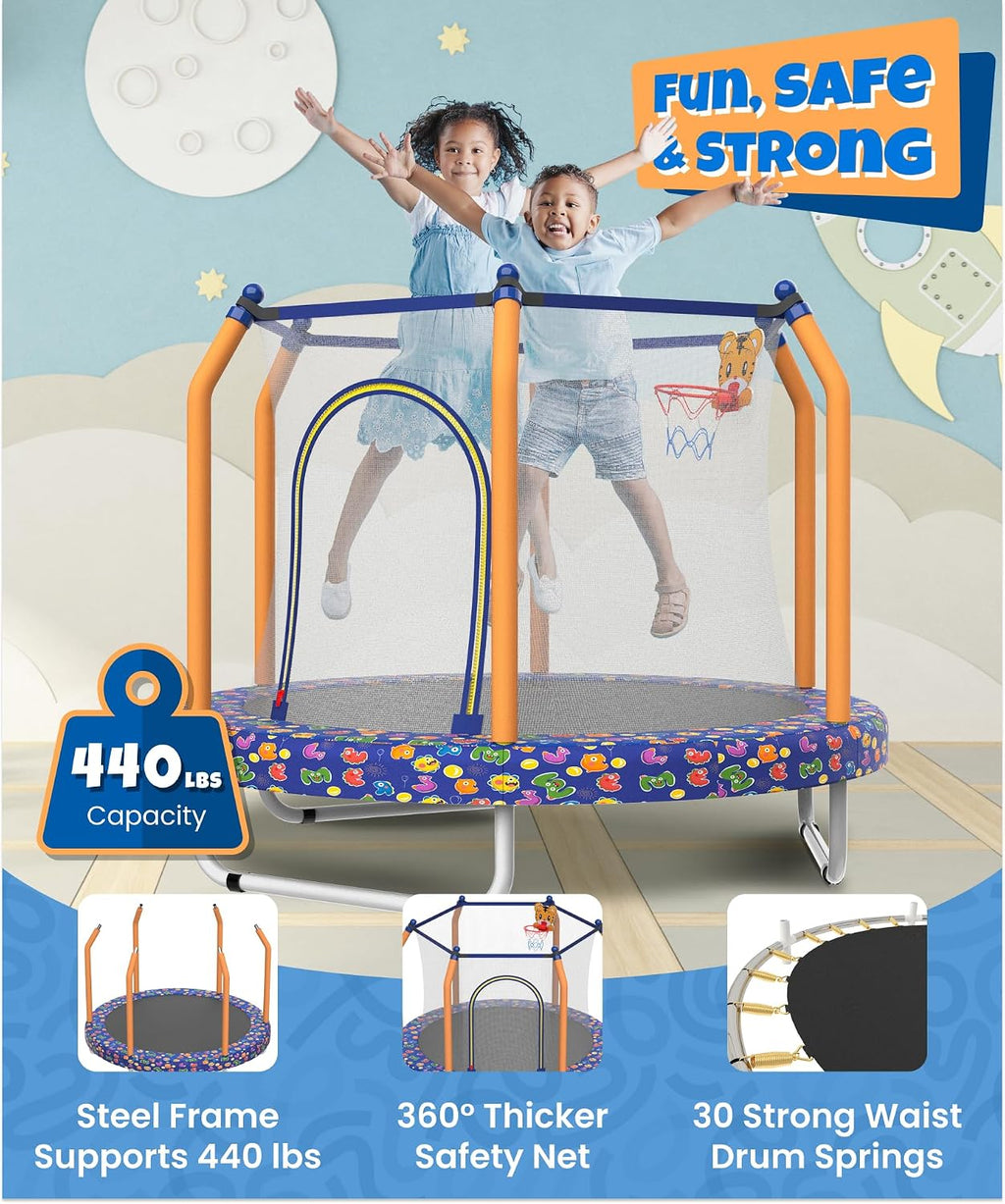 Mersco 55' Trampoline for Kids, 440lbs Capacity Indoor & Outdoor Toddler Kids Trampoline with Basketball Hoop, Safety Enclosure, Birthday Gifts for Boy and Girl, Age 1-8