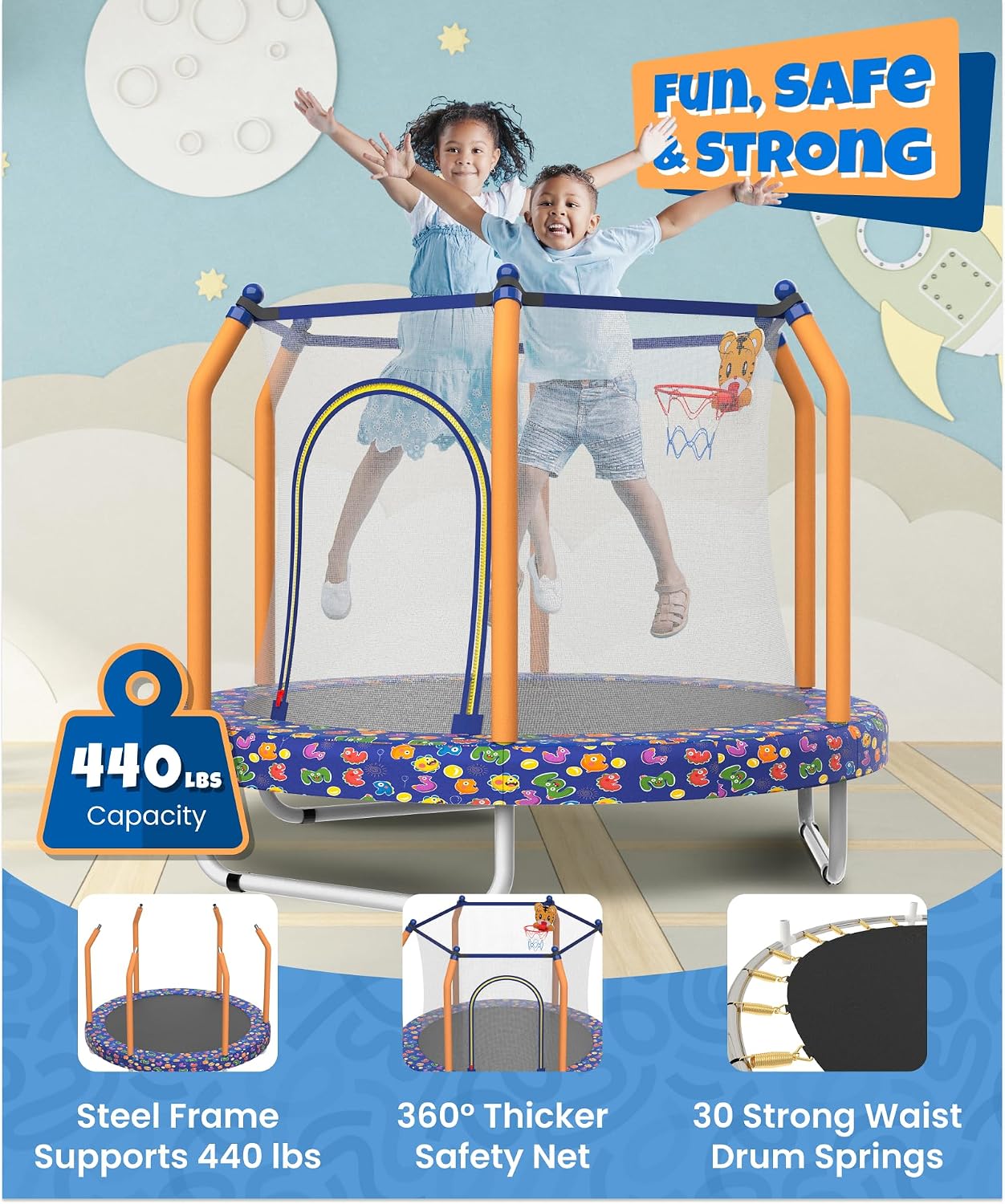 Mersco 55' Trampoline for Kids, 440lbs Capacity Indoor & Outdoor Toddler Kids Trampoline with Basketball Hoop, Safety Enclosure, Birthday Gifts for Boy and Girl, Age 1-8