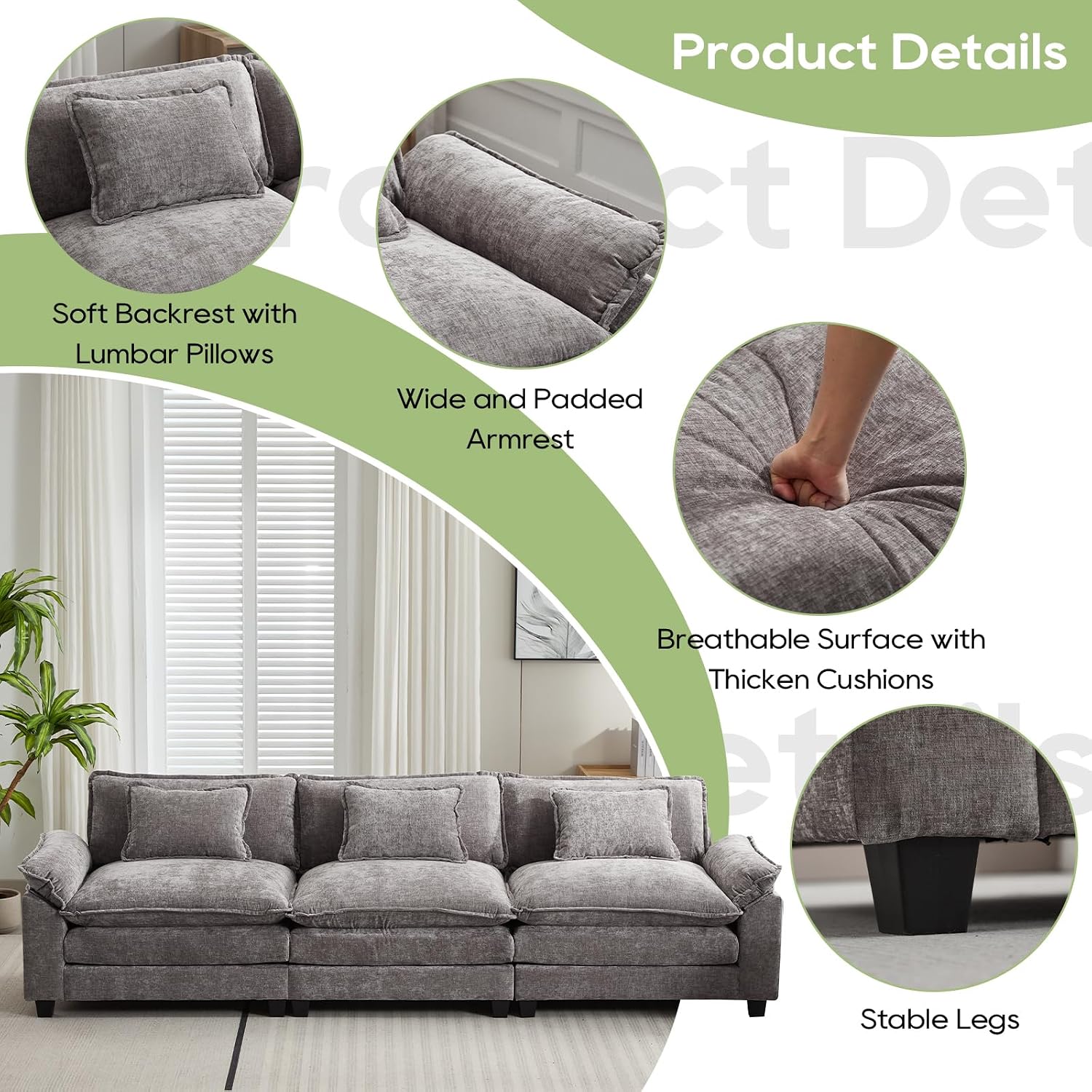 Oprisen 120' Modular Sectional Sofa, Comfy Cloud Couch Sectional Sofa, Chenille Sofa Sleeper Deep Seat Sofa with Throw Pillows for Living Room (Light Gray, 120'- 3 Seater)