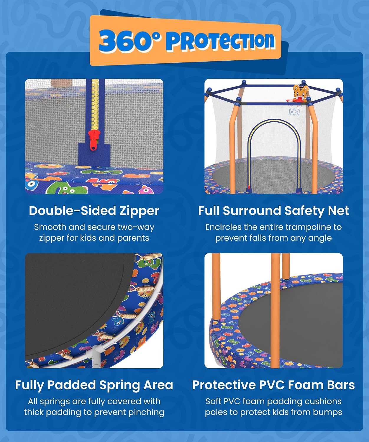 Mersco 55' Trampoline for Kids, 440lbs Capacity Indoor & Outdoor Toddler Kids Trampoline with Basketball Hoop, Safety Enclosure, Birthday Gifts for Boy and Girl, Age 1-8