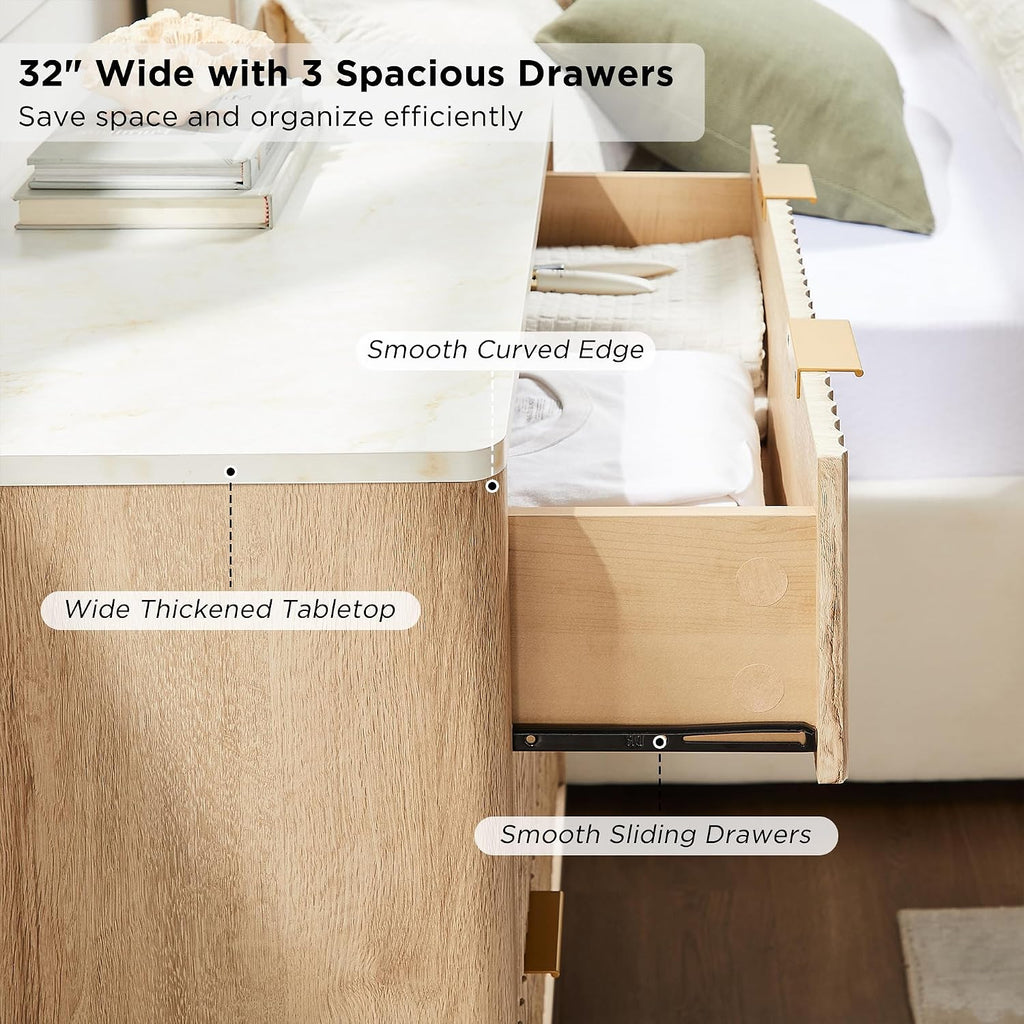 T4TREAM Fluted 3 Drawer Dresser, 32' Tall Modern Chest of Drawers with Faux Marble Top, Curved Profile Design, Wood Drawer Organizer for Bedroom, Living Room, Hallway, Entryway, Natural Oak
