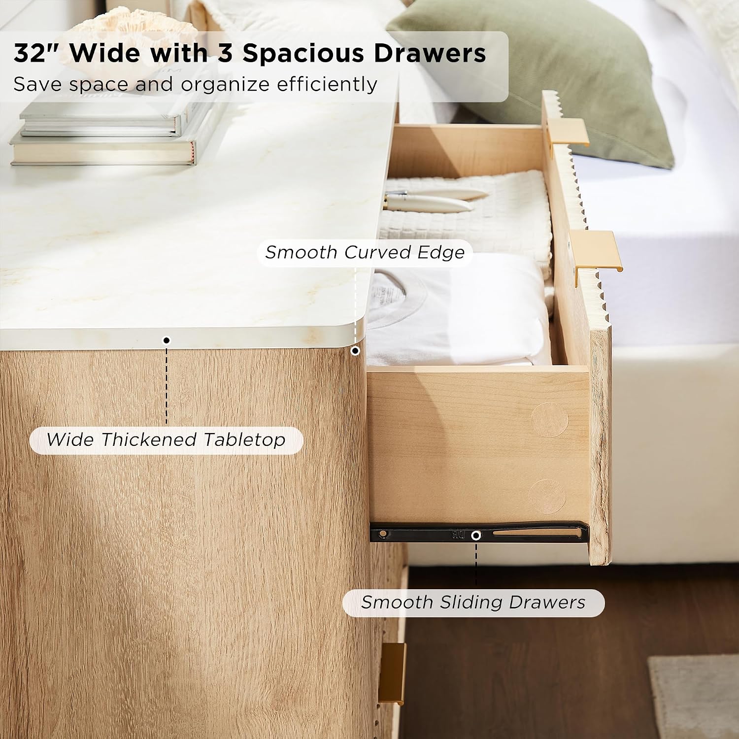 T4TREAM Fluted 3 Drawer Dresser, 32' Tall Modern Chest of Drawers with Faux Marble Top, Curved Profile Design, Wood Drawer Organizer for Bedroom, Living Room, Hallway, Entryway, Natural Oak