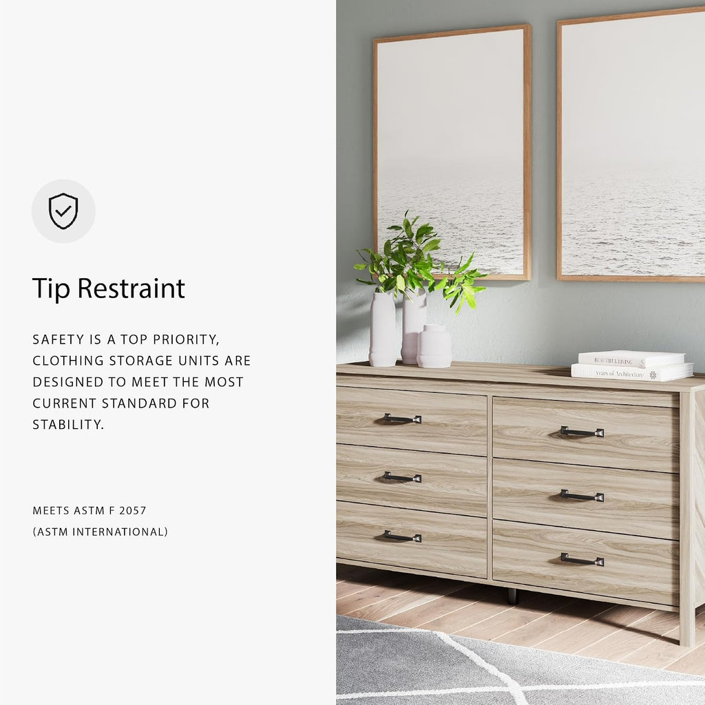 Signature Design by Ashley Battelle Mid-Century Modern Dresser with 6 Drawers and Chevron Pattern, Meets ASTM International Standards, Wood and Decorative Laminate, Tan