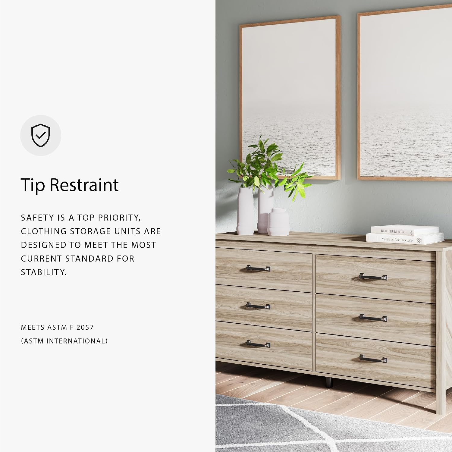 Signature Design by Ashley Battelle Mid-Century Modern Dresser with 6 Drawers and Chevron Pattern, Meets ASTM International Standards, Wood and Decorative Laminate, Tan
