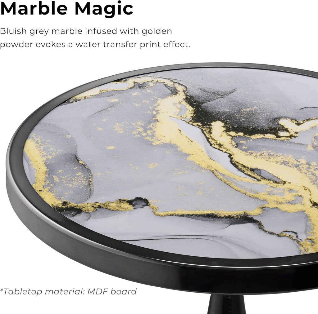 Homes: Inside + Out Halric Modern 24' Tall Round End Table with Decorated Tabletop and Iron Metal Base, Accent Furniture, Elegant Pedestal Stand for Living Room, Home Office, Black with Faux Marble