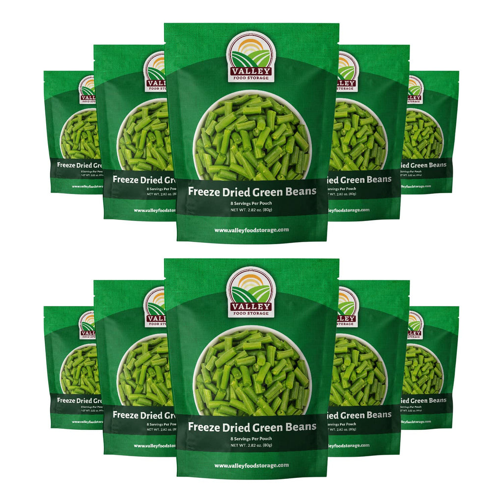 Valley Food Storage Freeze Dried Green Beans | 10-Bag Bucket, 28.2 oz | Premium Emergency Food Supply, 25 Year Shelf Life | Non-GMO Prepper Food for Camping, Cooking & Long-Term Storage, Packaged in USA