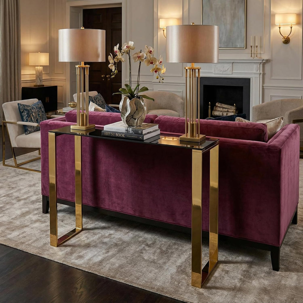Cortesi Home Remini Narrow Contemporary Glass Console Table in Polished Gold Finish, Black Glass