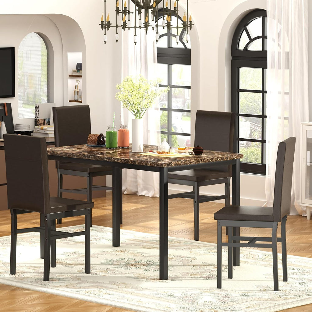 DKLGG Dining Table Set for 4, Modern Kitchen & Dining Room Sets Faux Marble Table with 4 Leather Chairs for Small Space, Home Kitchen, Apartment, Brown