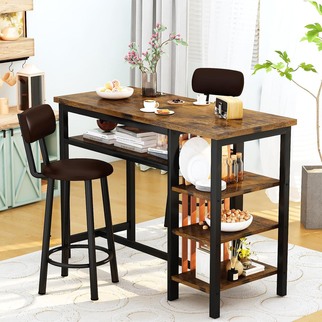Recaceik 3 Piece Bar Dining Table Set, Modern Bar Table and Stools for 2, Kitchen Counter Height Dining Table Set with 4 Storage, Breakfast Nook Set Pub Table with Backrest