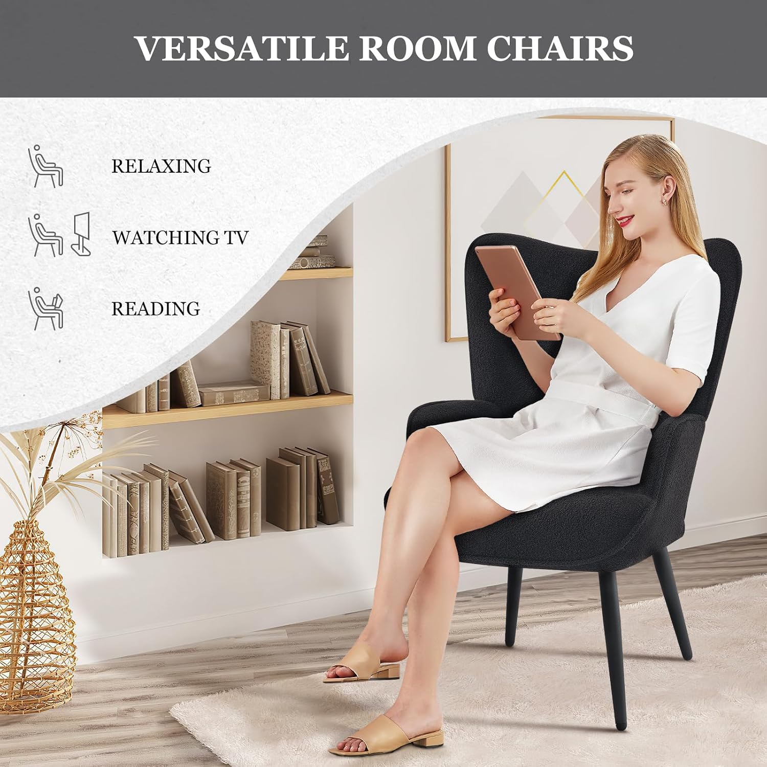 Furnimart Mid-Century Modern Accent Chairs Set of 2, Black Sherpa Wingback Reading Chairs with High Backrest, Armchair for Living Room, Bedroom, Waiting Room