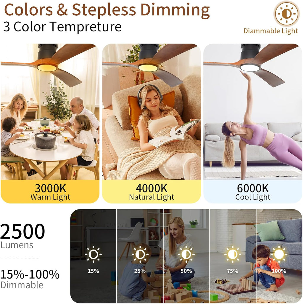 52inches Ceiling Fan with Lights,Wooden Flush Mount Ceiling Fans with Remote Control,Dimmable Light,3 CCT,6 Speeds,Noiseless DC Motor,Ceiling Fan for Bedroom,Living Room,Office,Indoor,Dark Brown