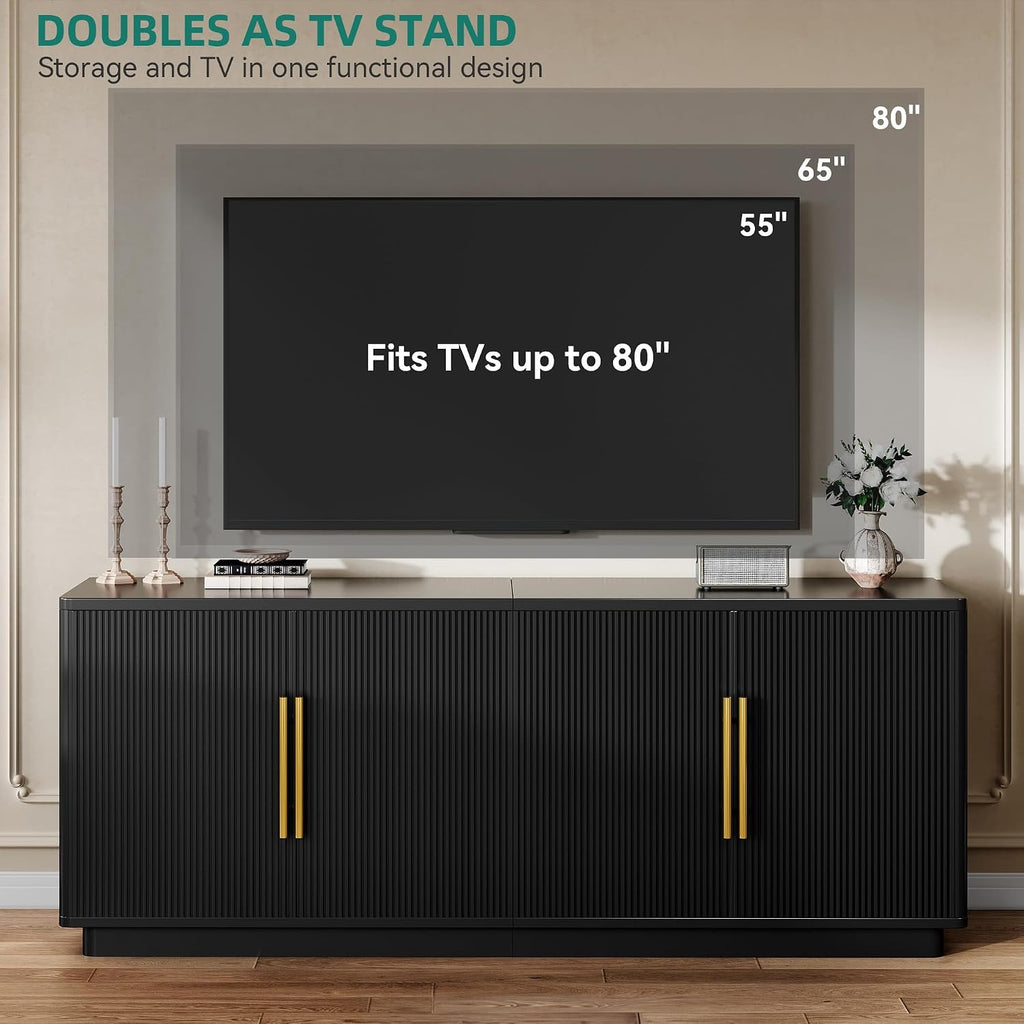 YITAHOME TV Stand for TVs up to 80 Inches, Media Console with 4 Fluted Doors, 70' Entertainment Center with Ample Storage for Living Room(Black Oak)
