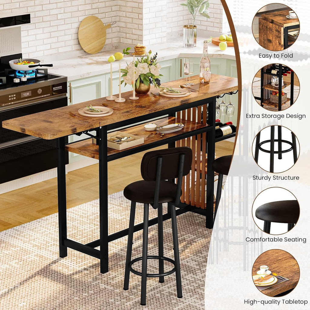Recaceik Bar Dining Table Set, 59' Expandable Kitchen Counter Height Dining Table Set with Storage Shelves, Cup Holder & Wine Rack, PU Upholstered Stools Bar Table Set with Backrest for Kitchen