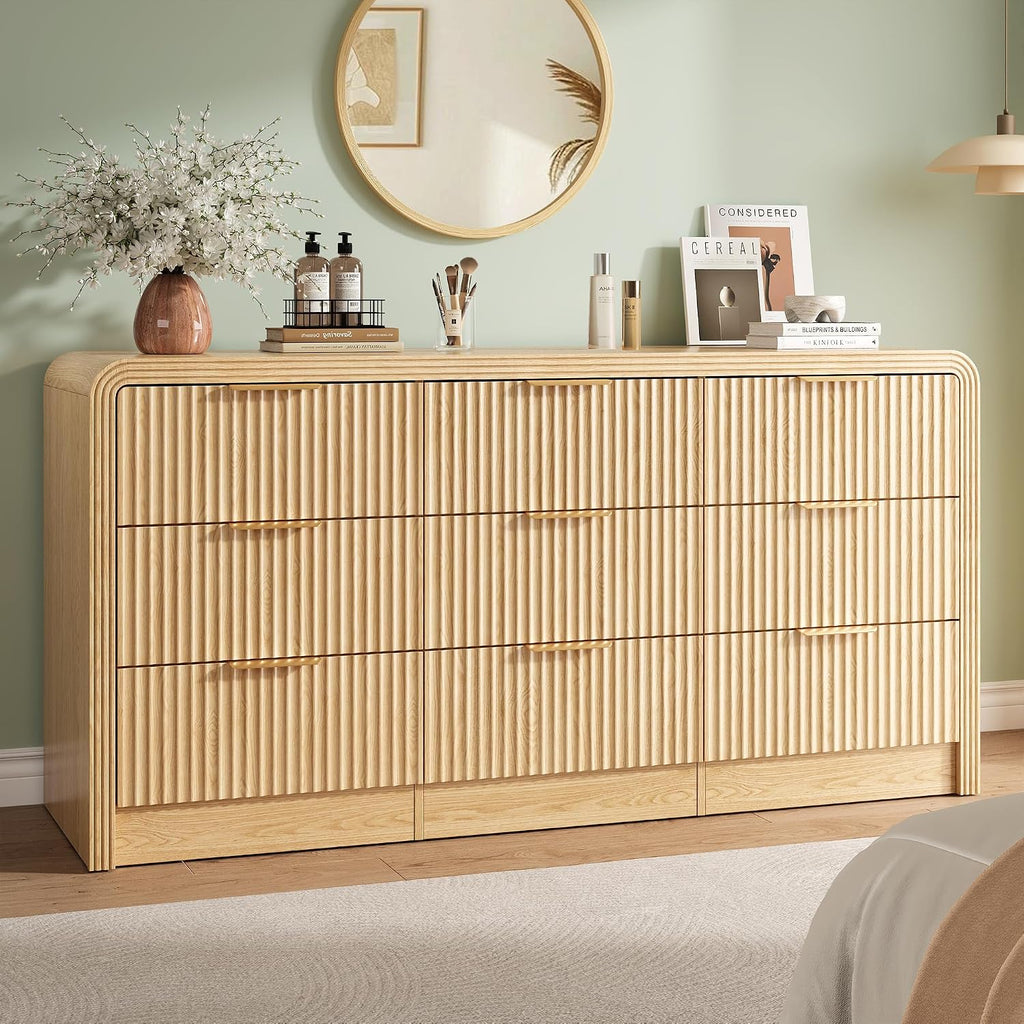 Decofy Fluted 9 Drawers Dresser, 63'' Wide Modern Chest of Drawers with Round Edge & Metal Handle, Wood Drawer Organizer for Bedroom, Living Room, Oak