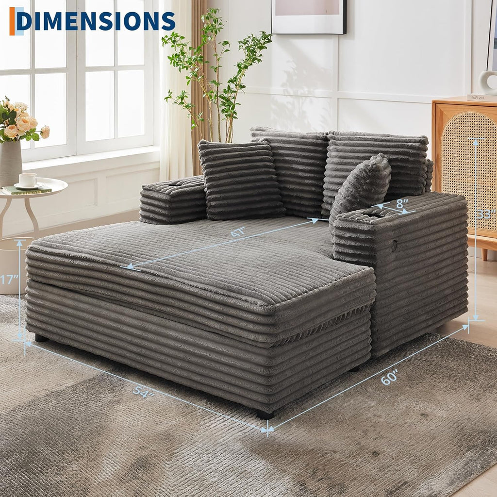 GarveeHome 60-inch Oversized Chaise Lounge Chair Indoor, Comfy Corduroy Lounge Sofa with Charging Station, Cup Holders & Throw Pillows, Cozy Sleeper Couch for Living Room Apartments, Grey