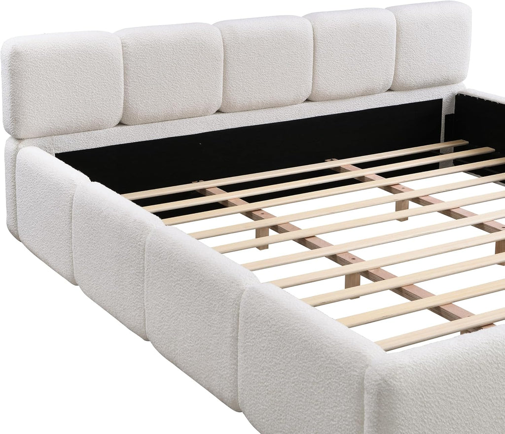 Christopher Knight Home Hazel California King Size Platform Bed, Boucle Thick Headboard and Footboard, Upholstery Grounded Beds, Wood Slat Panel Support, No Spring Box Needed, Easy Assembly, White