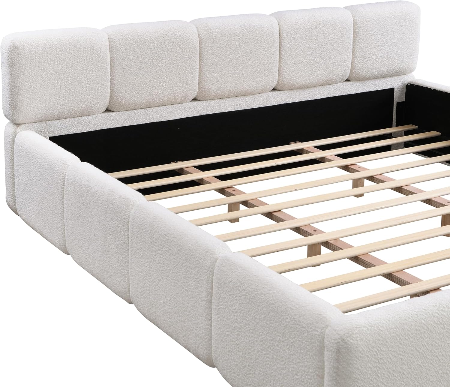 Christopher Knight Home Hazel California King Size Platform Bed, Boucle Thick Headboard and Footboard, Upholstery Grounded Beds, Wood Slat Panel Support, No Spring Box Needed, Easy Assembly, White