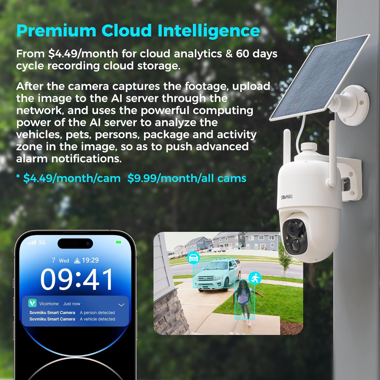 Vicohome AI 2K Outdoor Solar Battery Security Cam & Indoor Plug-in Cam System, Two Way Audio, Motion Detection, 360° View, Easy to Setup, Color Night Vision, Audible Siren, 180 Days Exchange Policy