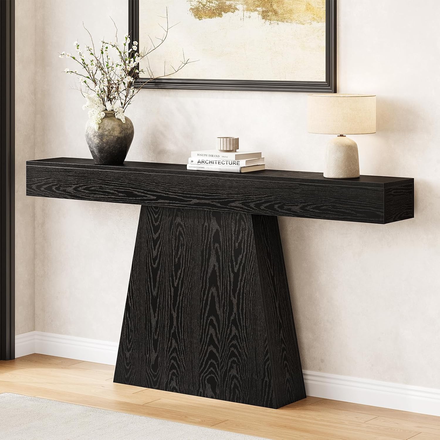 LITTLE TREE 63' Entryway Table, Modern Black Wooden Console Table with Trapezoidal Base for Living Room, Entrance, Hallway, Foyer, Behind the Couch