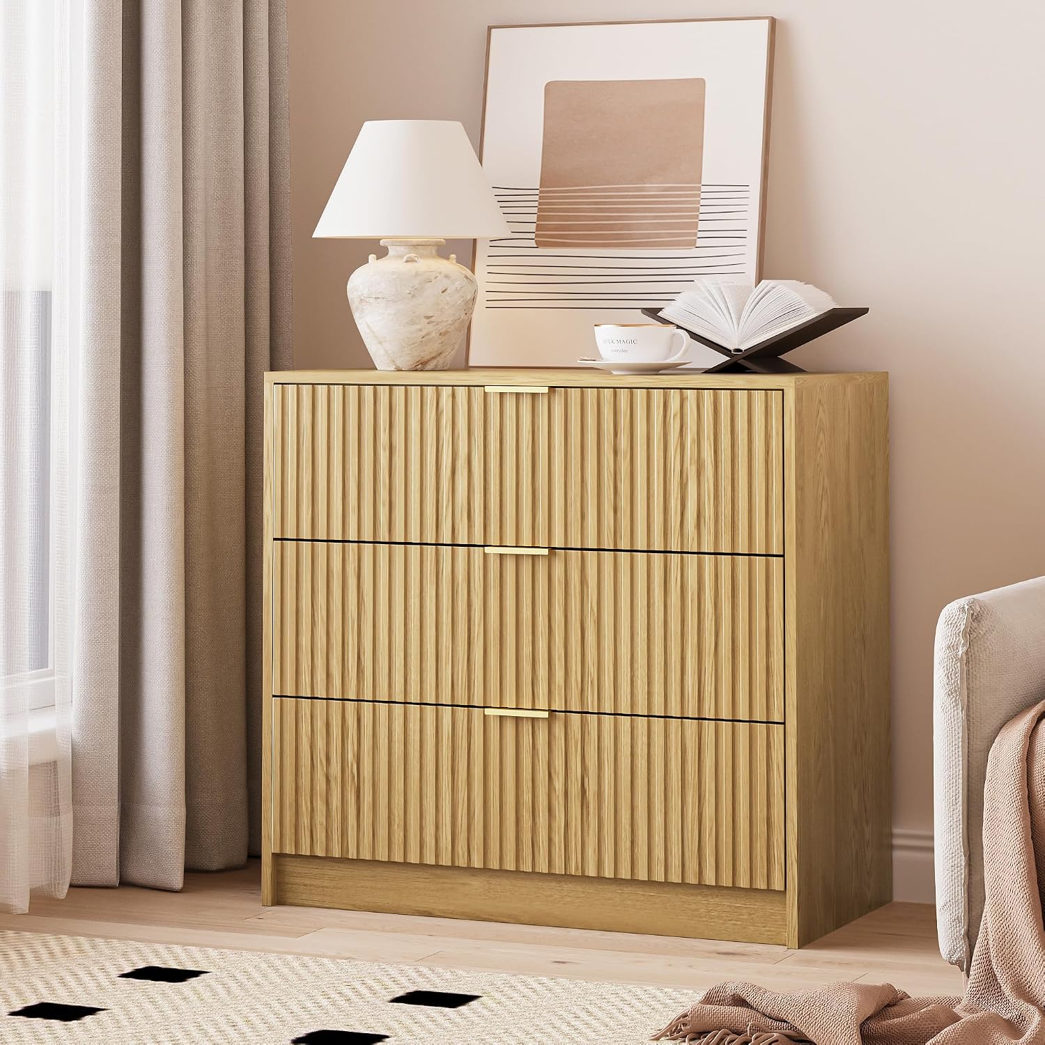 MAISONARIA Fluted Dresser for Bedroom, 32 Inch Wide Nightstand with Large Drawer, 3 Drawer End Table for Bedroom, Living Rooms, Offices, and Entryways, Natural