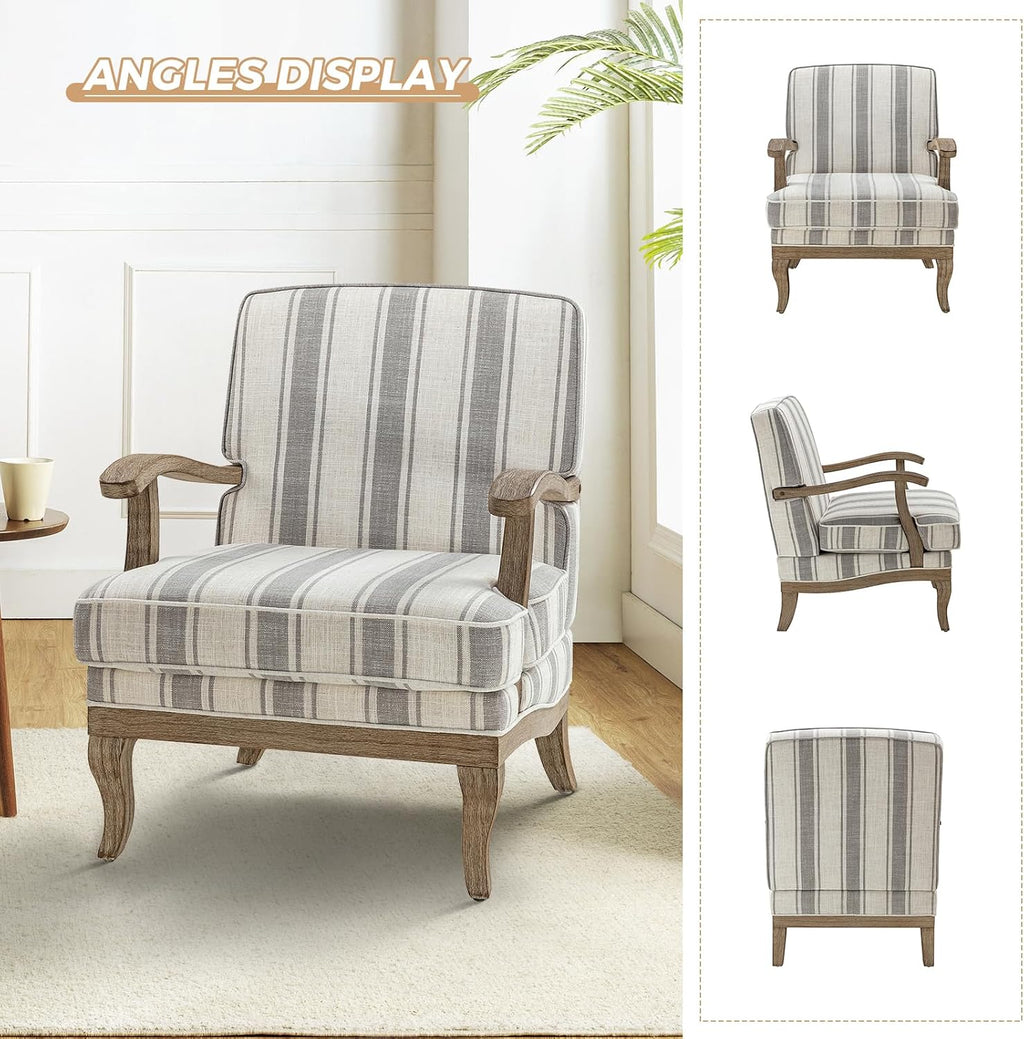 HULALA HOME Upholstered Accent Chair, Mid-Century Modern Striped Chair with Graceful Curves and Wooden Legs, Comfy Lounge Armchair Striped Accent Chairs for Living Room, Bedroom (Grey)