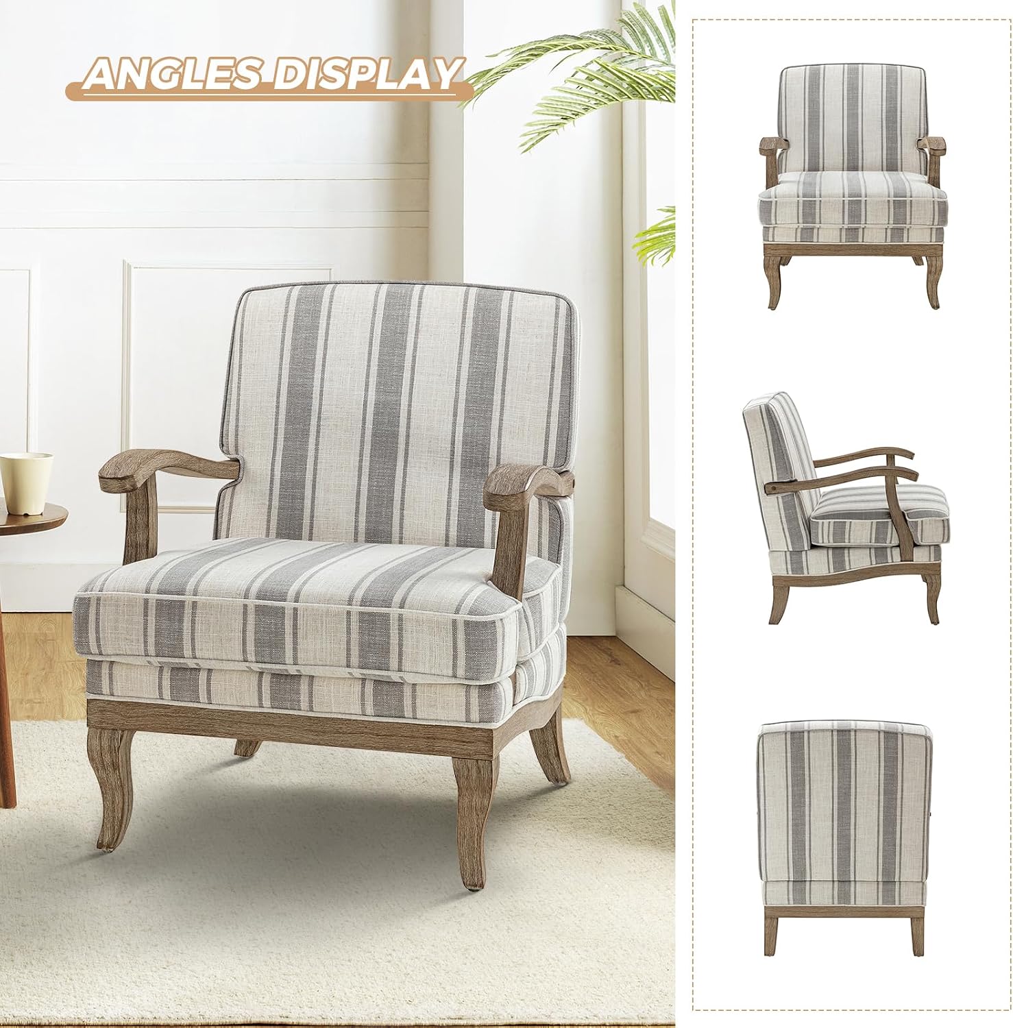 HULALA HOME Upholstered Accent Chair, Mid-Century Modern Striped Chair with Graceful Curves and Wooden Legs, Comfy Lounge Armchair Striped Accent Chairs for Living Room, Bedroom (Grey)