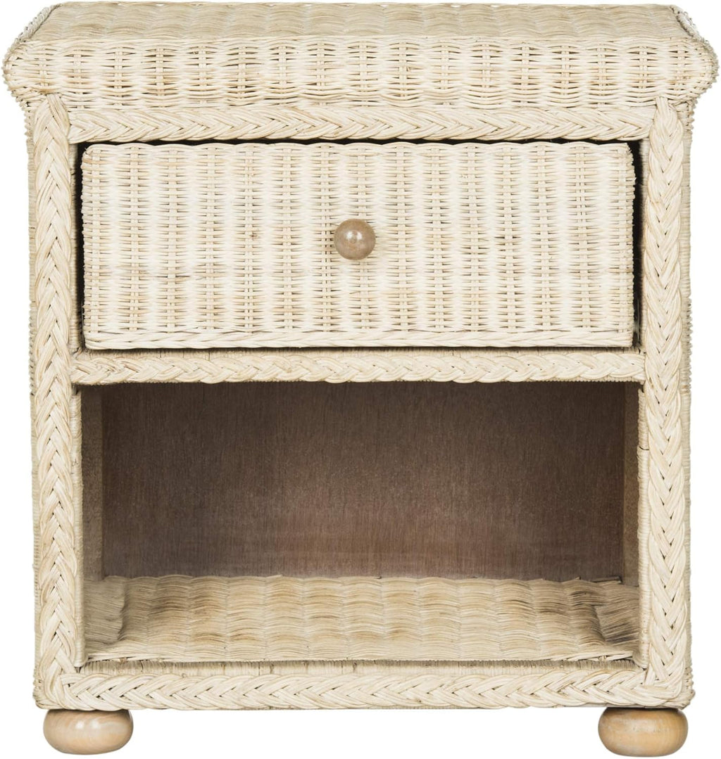 SAFAVIEH Home Collection - Adira Natural White Wash Wicker 1-Drawer Nightstand Accent Table, Coastal Boho Bedroom Storage Furniture with Shelf, 22.1'W x 16.5'D x 22.1'H (SEA8002A)