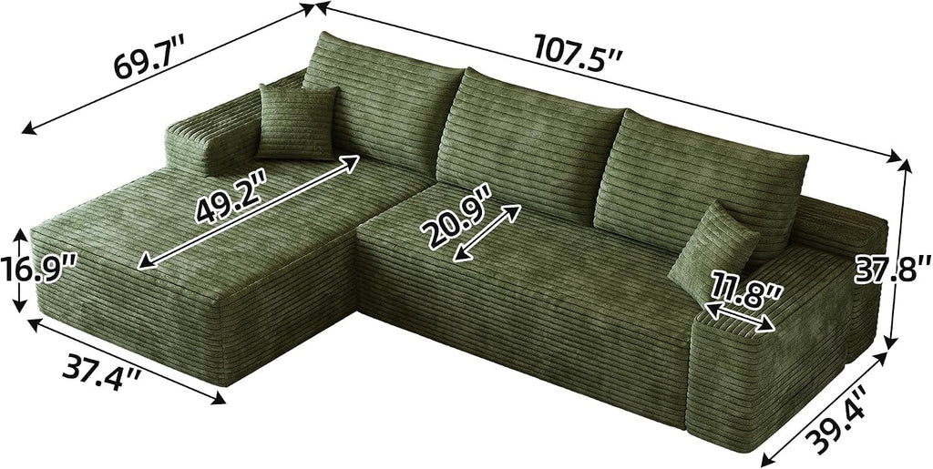 Eafurn Oversized L-Shaped Modular Sectional Sofa with Chaise, Fluffy Corduroy Upholstered Boneless Couch with Deep Seat, Minimalist Flexible Combination for Living Room