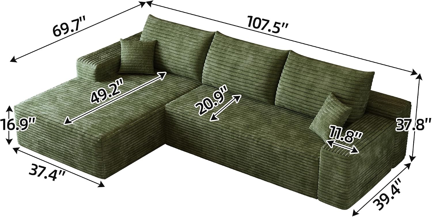 Eafurn Oversized L-Shaped Modular Sectional Sofa with Chaise, Fluffy Corduroy Upholstered Boneless Couch with Deep Seat, Minimalist Flexible Combination for Living Room