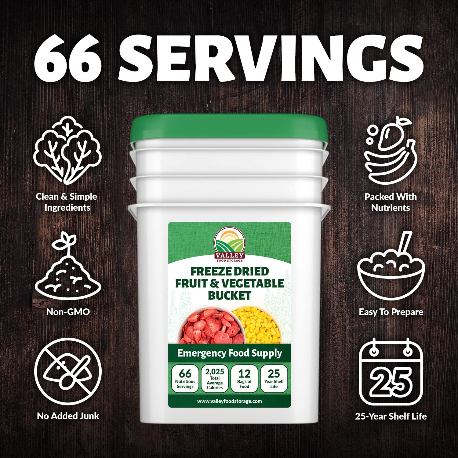 Valley Food Storage Freeze Dried Fruit & Vegetable Bucket | 12 Pouches Variety Pack | Non-GMO Premium Emergency Food Supply, 25 Year Shelf Life | Prepper Food Supplies for Camping & Long-Term Storage