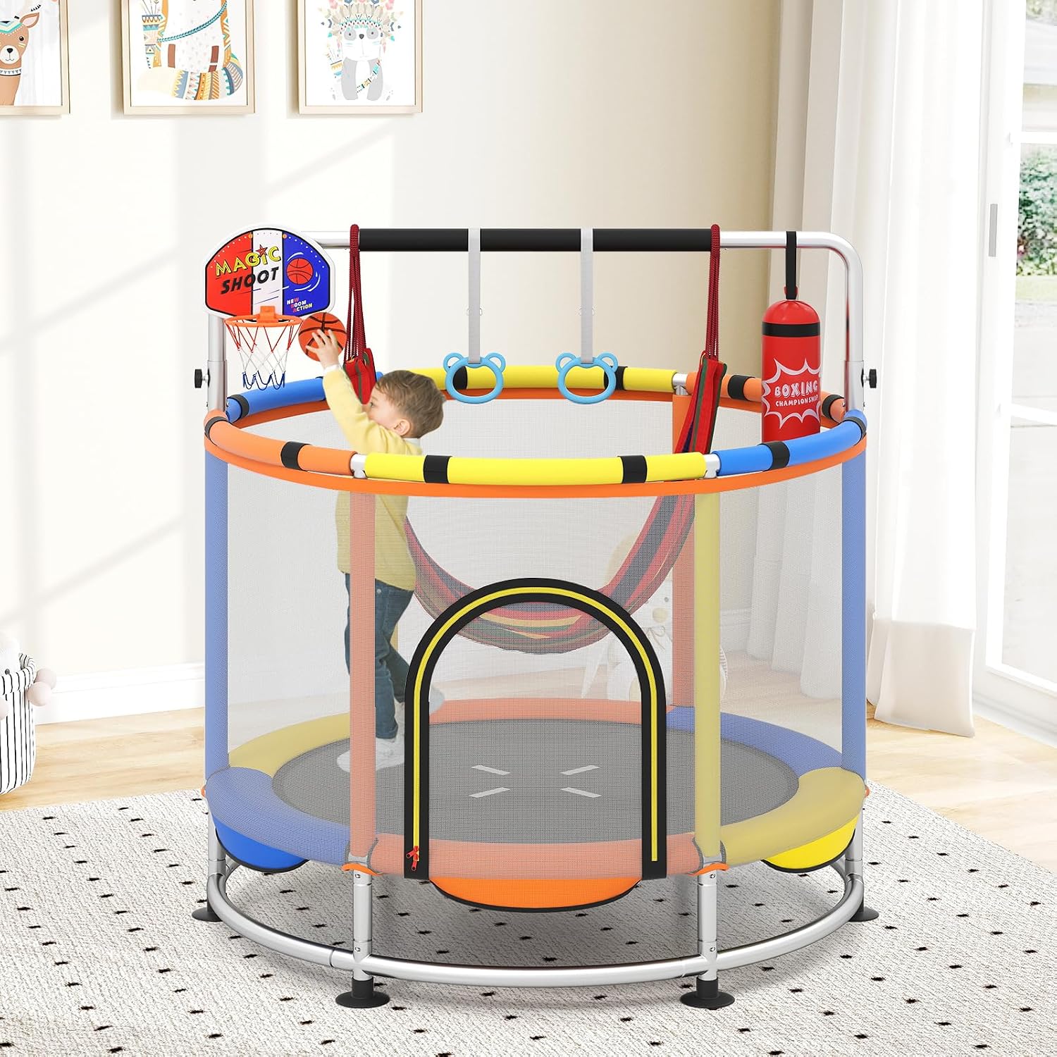 OLAKIDS 55' Trampoline for Kids, Indoor Outdoor Adjustable Toddler Trampoline with Safety Enclosure Net, Baby Recreational Trampolines with Basketball Hoop Hammock Boxing Bag Gymnastic Bar Rings