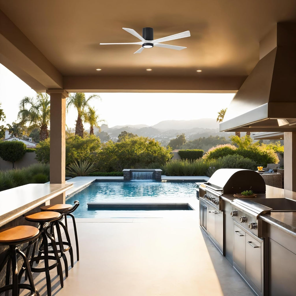Matthews IR5HLK-BK-WA-42 Irene Damp Rated 42' Flush Mount Ceiling Fan with Light and Remote & Wall Control, Silent DC Motor, 5 Solid Wood Blades, Matte Black with Walnut Tone