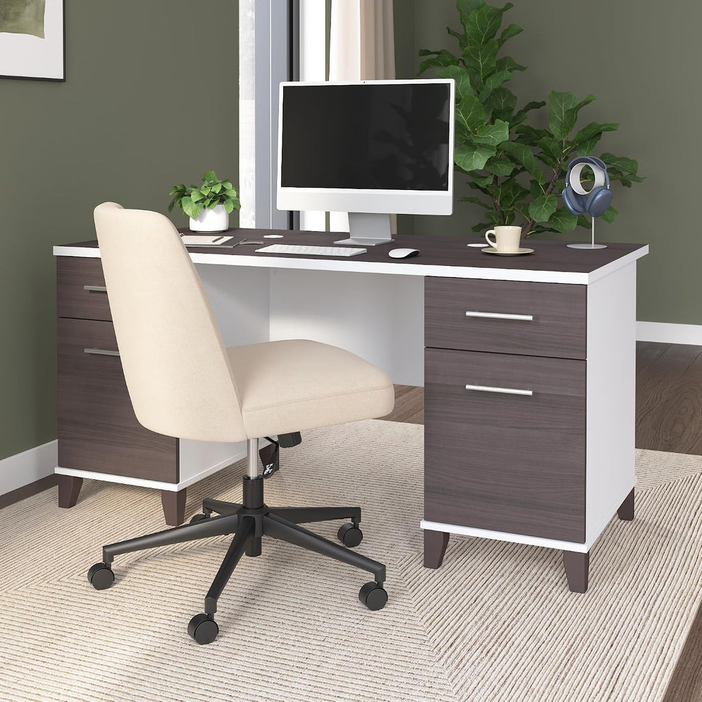 Bush Home 60-Inch Office Desk with Drawers, Computer Desk with File and Box Drawers, Home Office Workstation with Storage Cabinet, Writing Desk Furniture, Somerset Collection, Storm Gray and White