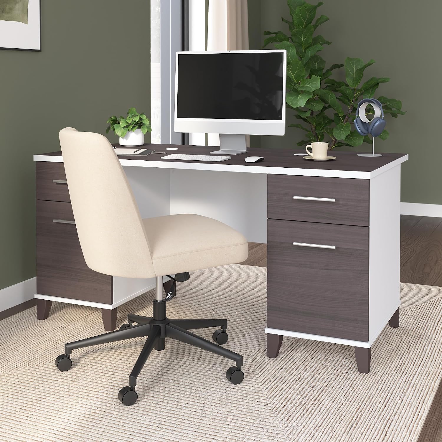 Bush Home 60-Inch Office Desk with Drawers, Computer Desk with File and Box Drawers, Home Office Workstation with Storage Cabinet, Writing Desk Furniture, Somerset Collection, Storm Gray and White