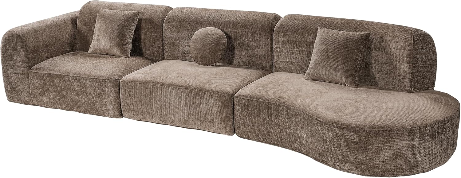 Christopher Knight Home Grelyn 140' Modular Sectional Sofa Couch, Wool Fabric Boneless Cloud Couch, Fully Compressed Home Sofa Living Room, 3-Piece Lounge Sofa with Chaise, Fully Assembled, Brown