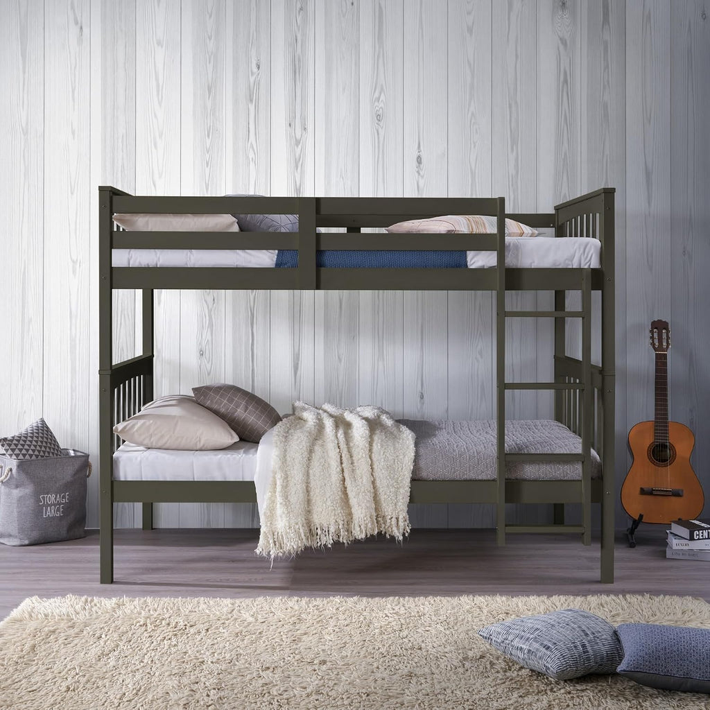 HOME DESIGN Ames Twin Over Twin Solid Wood Standard Bunk Bed with Guardrails and Ladder, Convertible to Two Twin Beds, Gray