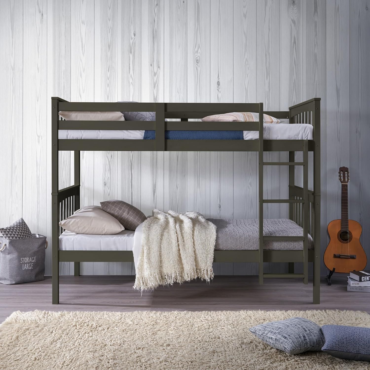HOME DESIGN Ames Twin Over Twin Solid Wood Standard Bunk Bed with Guardrails and Ladder, Convertible to Two Twin Beds, Gray