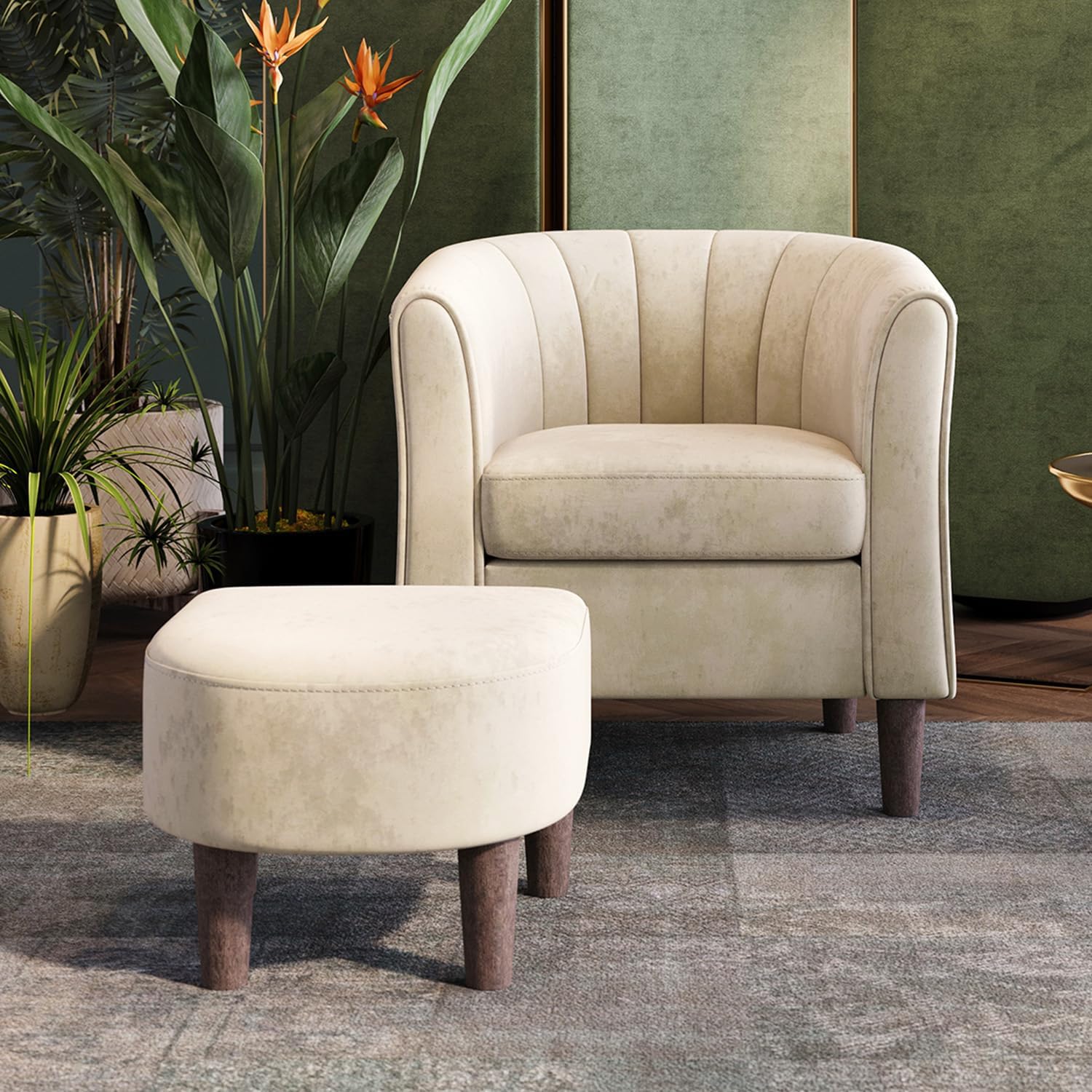 LINSY Accent Chair with Ottoman, Modern Barrel Chair Small Armchair Reading Chair with Footrest, Comfy Round Arms Chair for Living Room Bedroom Reading Room, Velvet, Beige