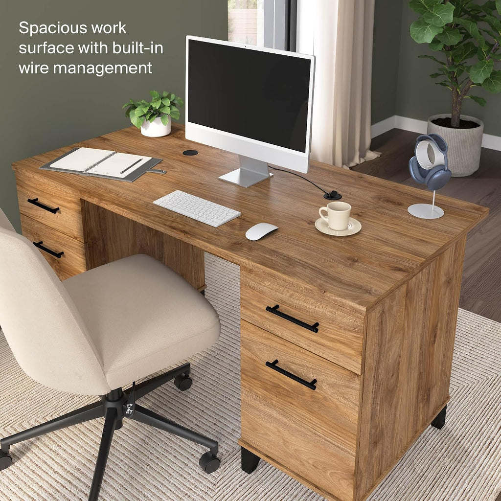 Bush Home 60-Inch Office Desk with Drawers, Computer Desk with File and Box Drawers, Home Office Workstation with Storage Cabinet, Writing Desk Furniture, Somerset Collection, Fresh Walnut
