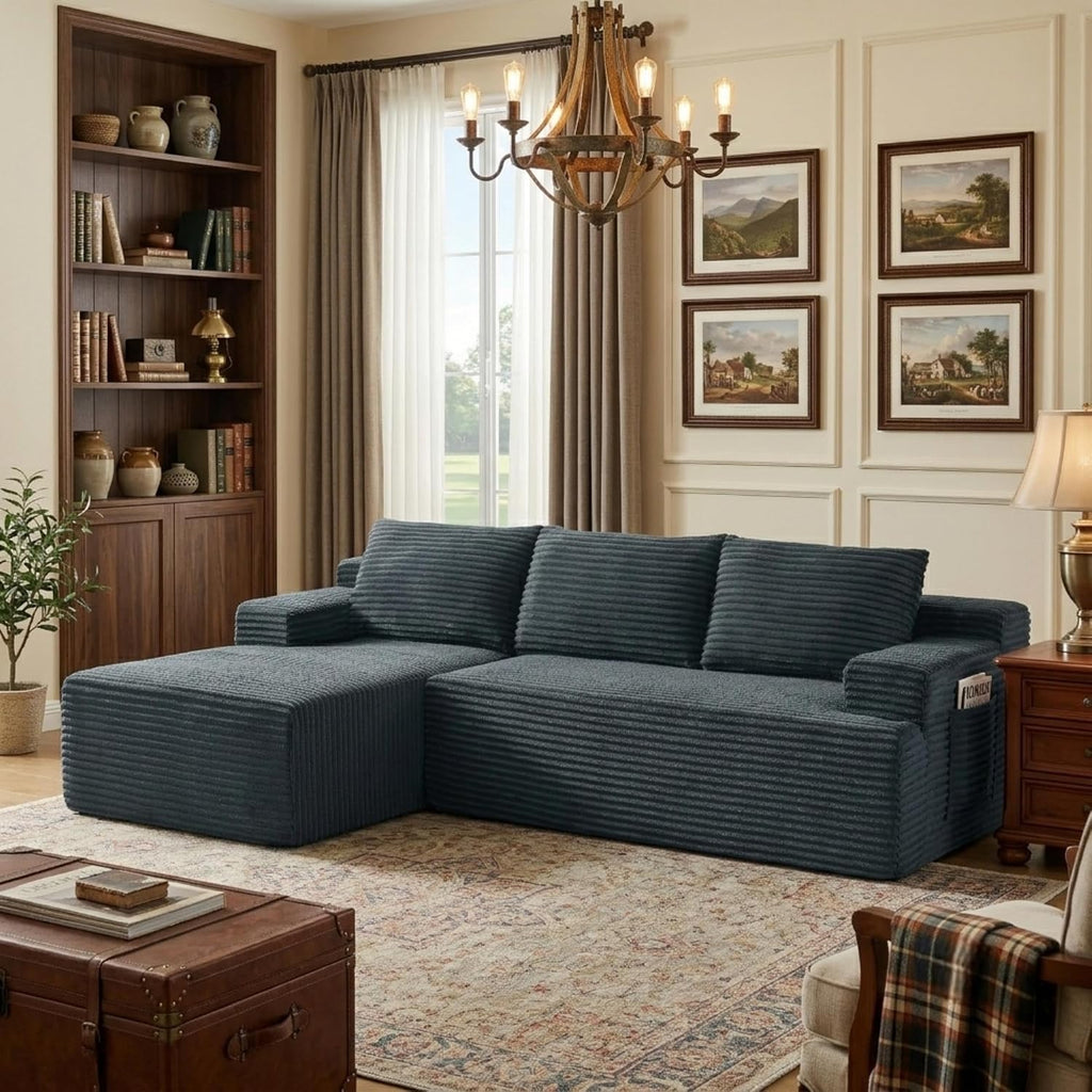 96' Corduroy Sectional Sofa Boneless Couches for Living Room - L Shaped Compressed Cloud Couch with Left Facing Chaise Lounge and Side Pockets